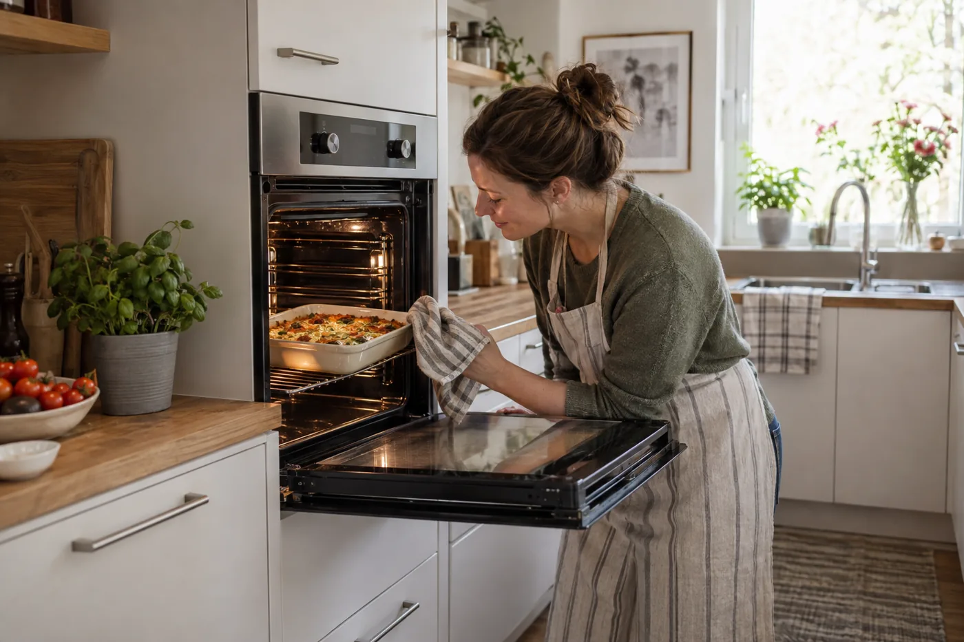 Frau prüft eine Auflaufform in einem hoch eingebauten Backofen