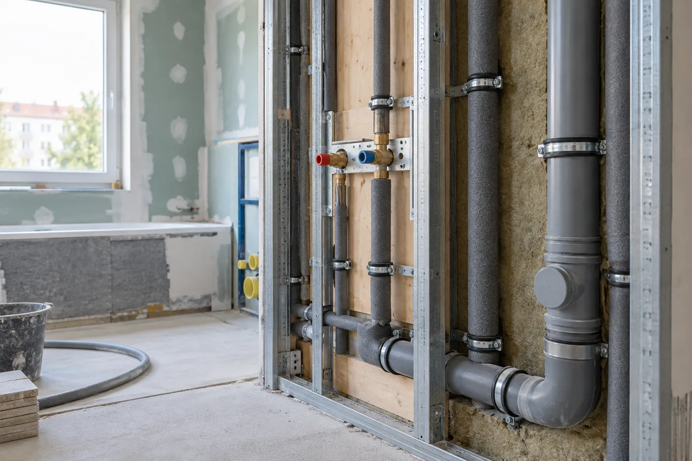 Offene Installationswand im Badezimmer mit gedämmten Rohren und entkoppelten Befestigungen