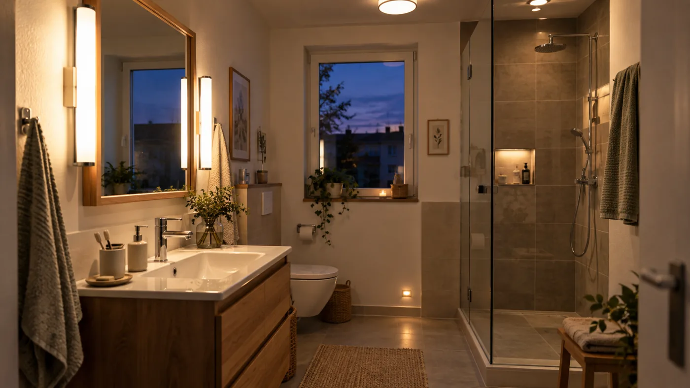 Badezimmer mit seitlichem Spiegellicht, beleuchteter Dusche und schwachem Orientierungslicht
