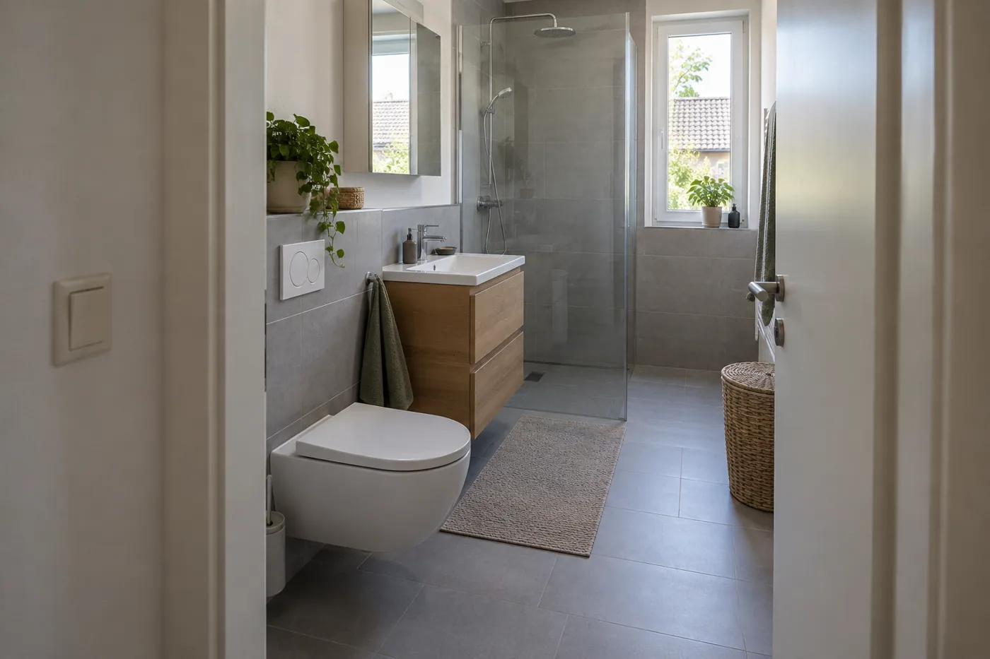 Blick durch eine geöffnete Badtür auf freie Bewegungsflächen zwischen WC, Waschtisch und Dusche