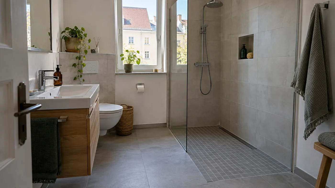 Ebenerdige Dusche mit kleinteiligem Fliesenboden in einem renovierten Altbaubad