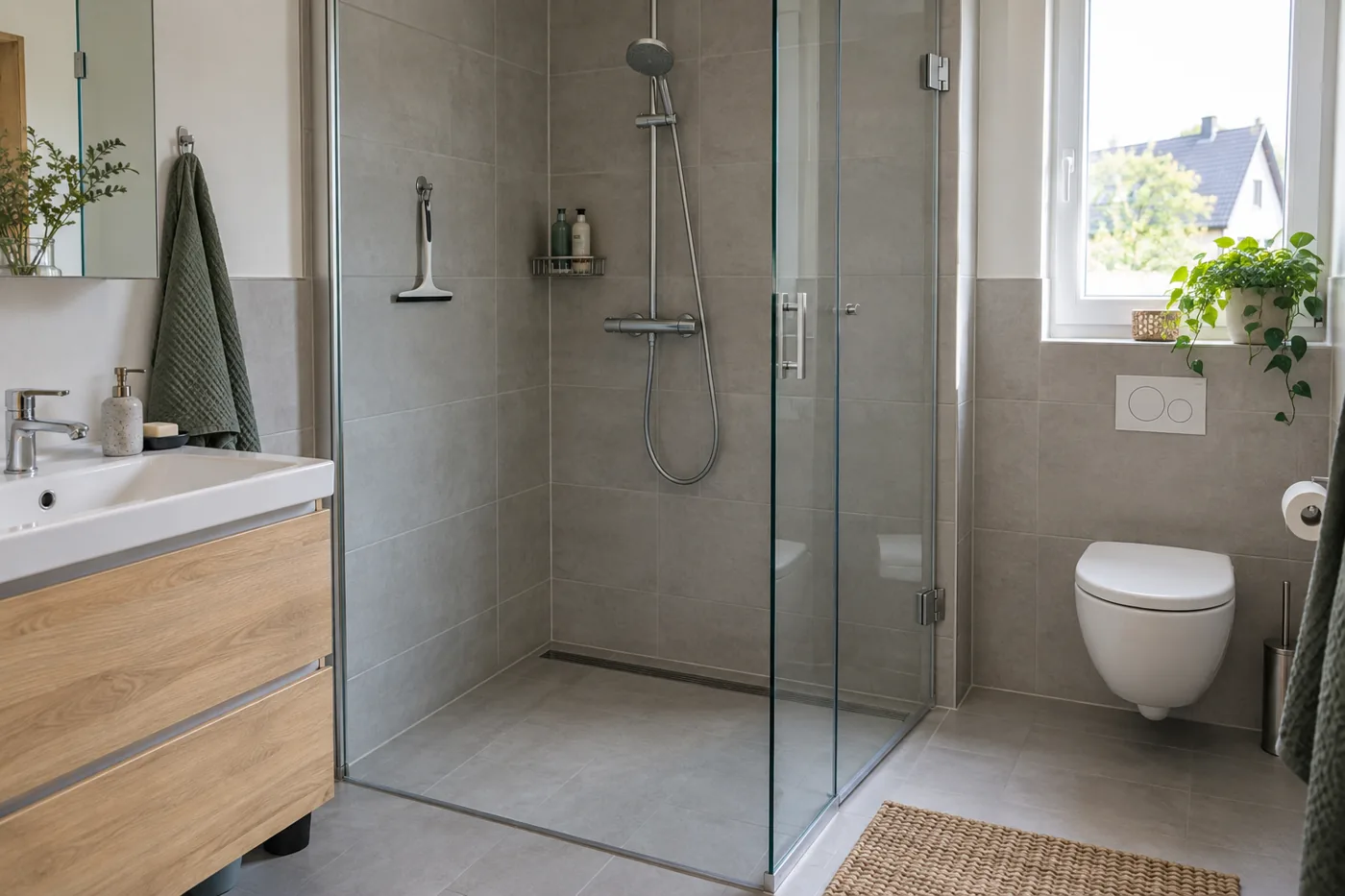 Bodengleiche Dusche mit klarer Glasabtrennung, Glastür und gut erreichbarem Abzieher