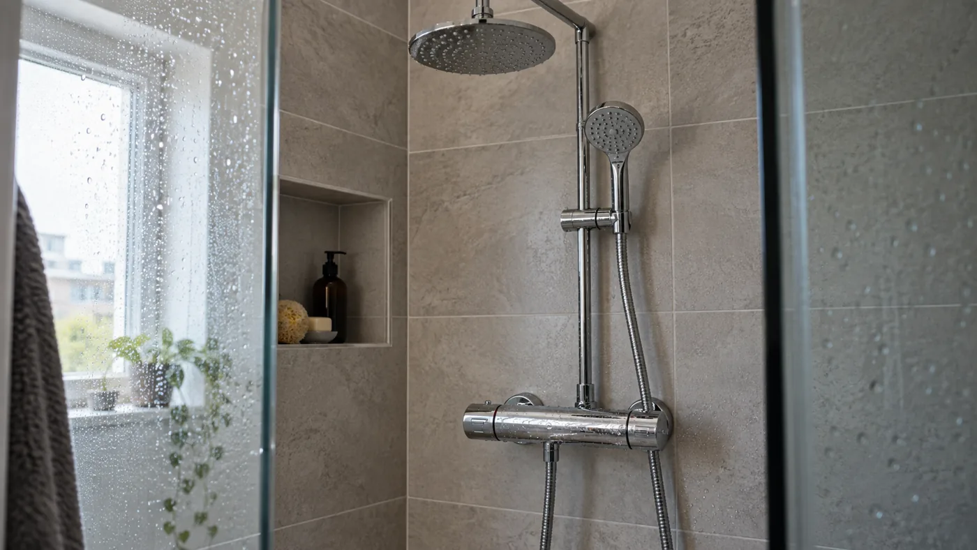 Thermostatische Duscharmatur mit Hand- und Kopfbrause in einer gefliesten Dusche