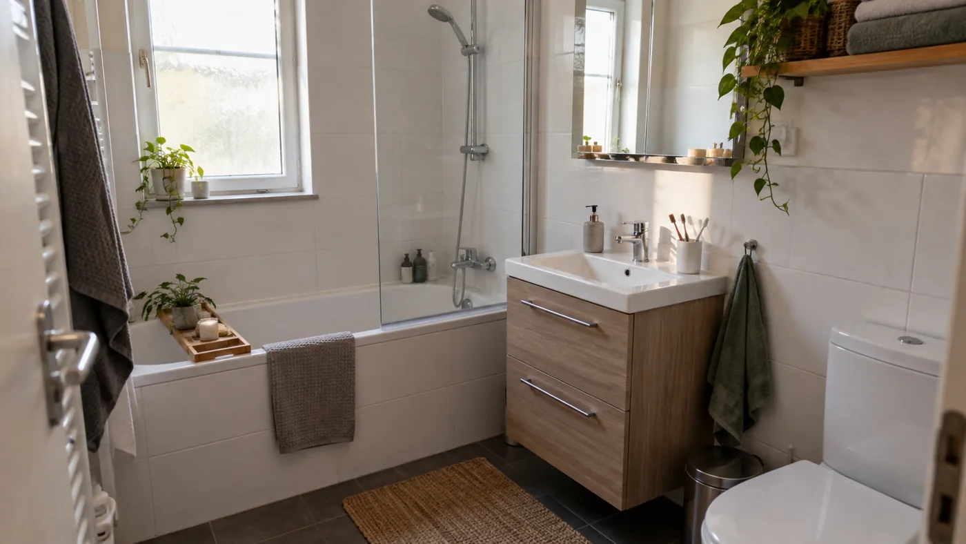 Kompaktes Badezimmer mit Badewanne, Duschwand und Waschplatz