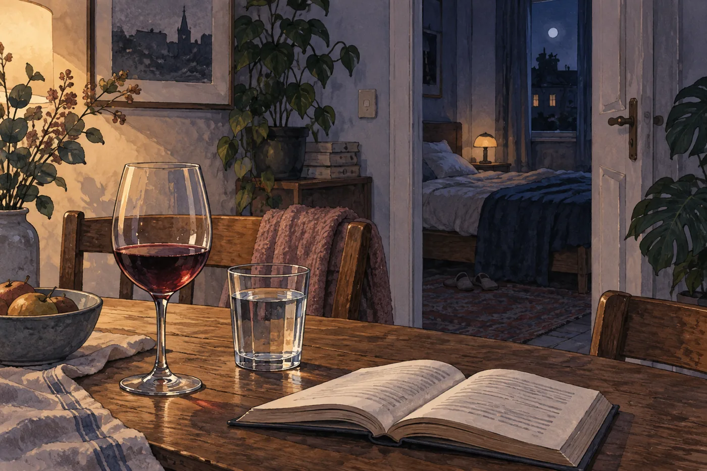 Weinglas und Wasserglas auf einem Tisch vor einem ruhigen Schlafzimmer