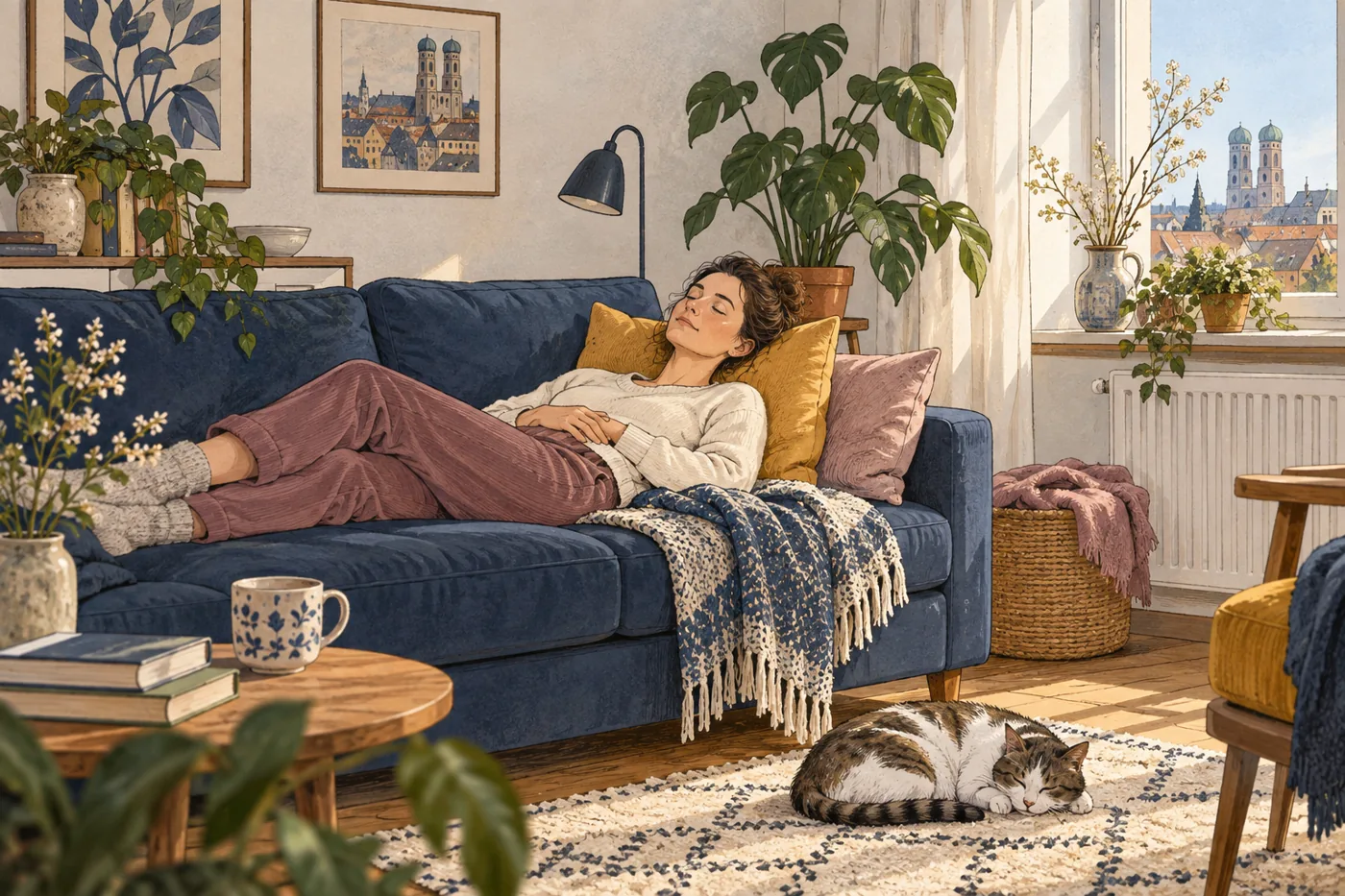 Frau ruht am Mittag auf einem Sofa in einem hellen Wohnzimmer