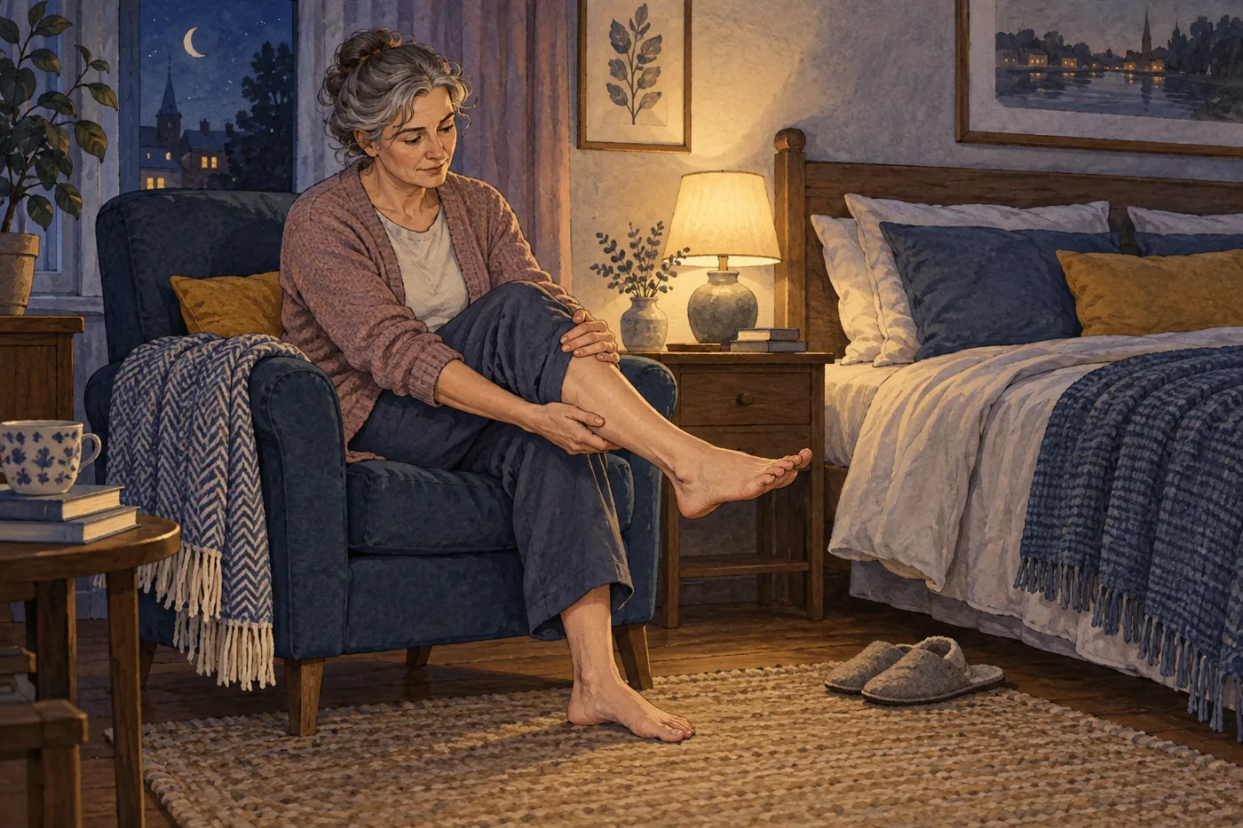 Frau sitzt abends im Sessel und bewegt ihr Bein