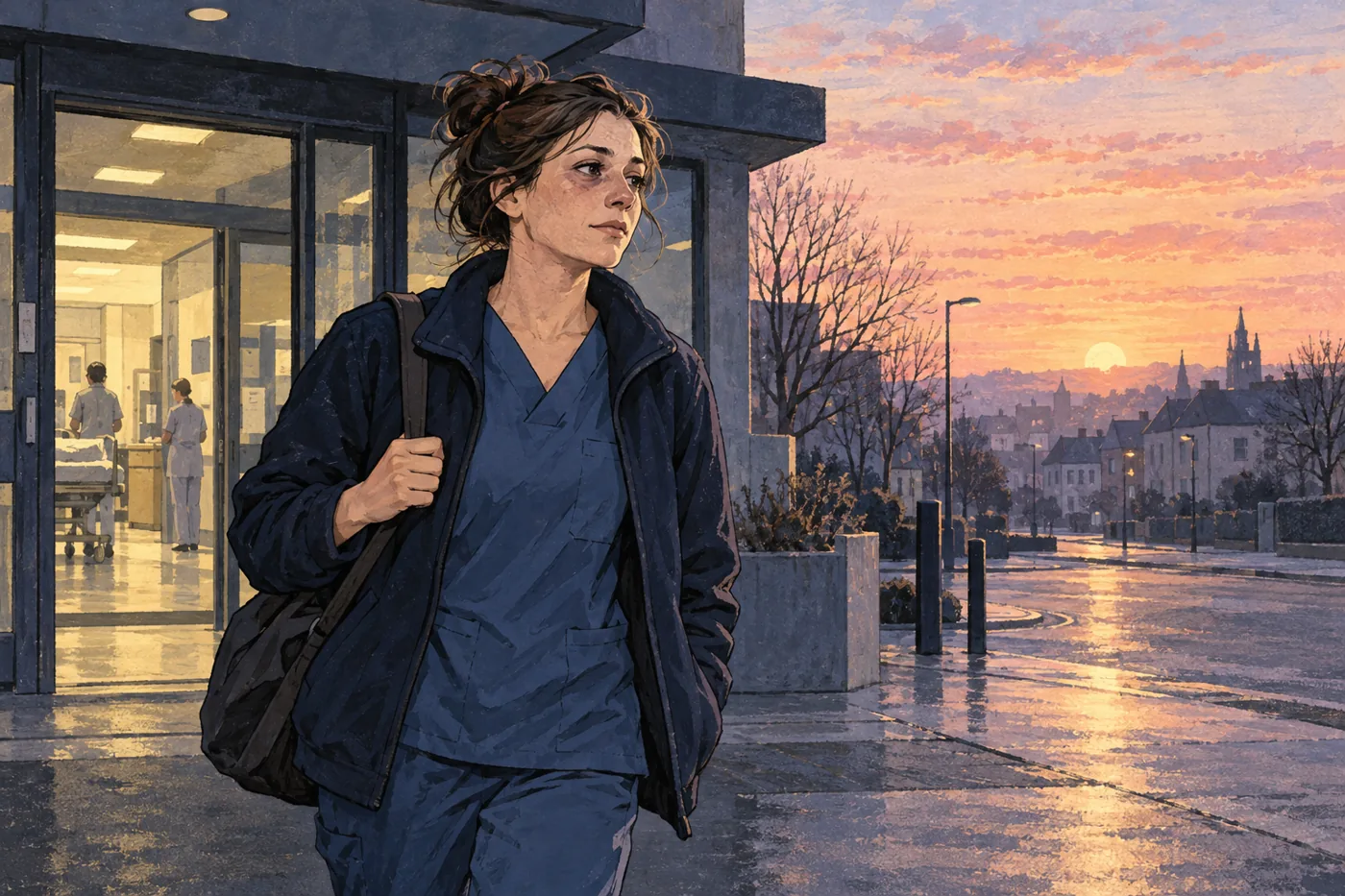 Schichtarbeiterin verlässt bei Sonnenaufgang ihren Arbeitsplatz