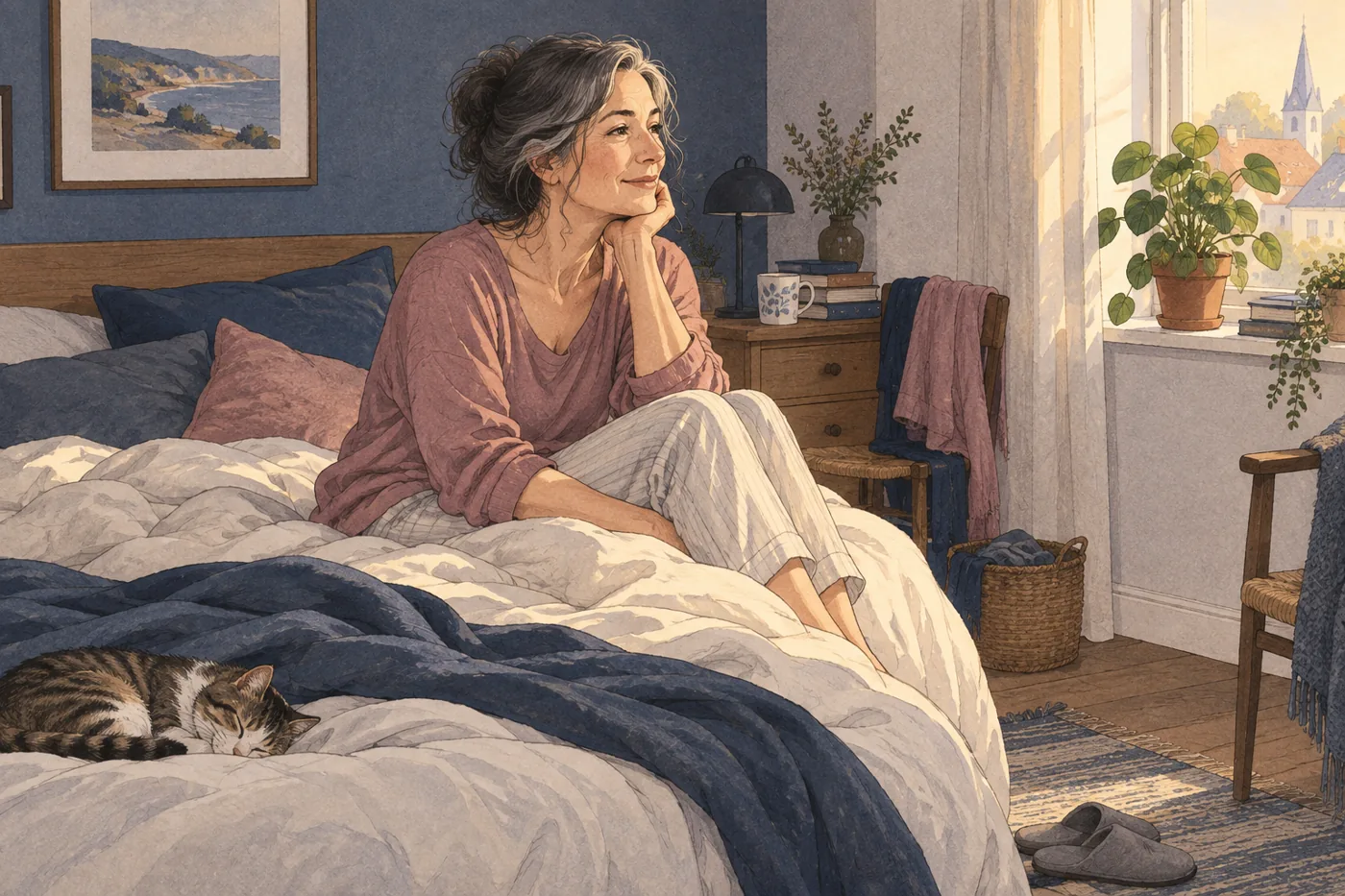 Frau sitzt morgens im Bett und blickt zum Fenster