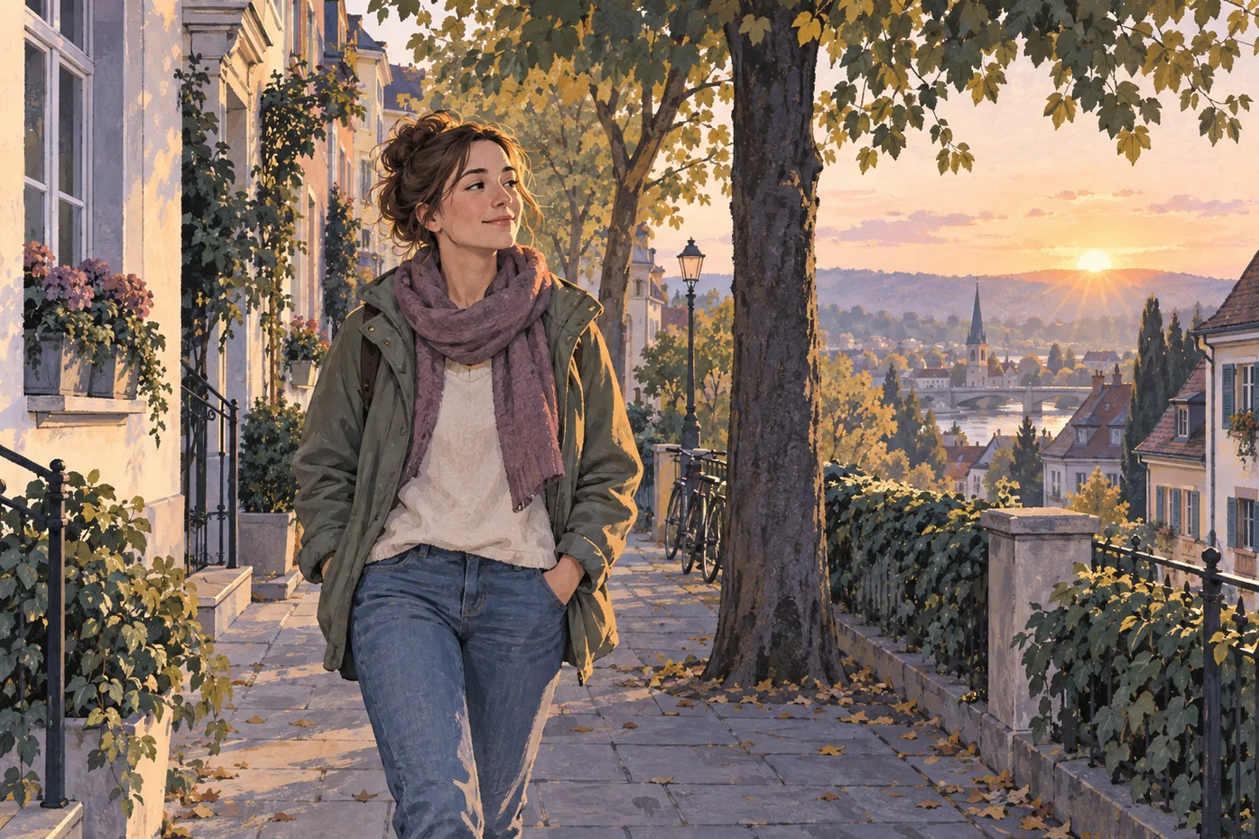 Frau geht morgens bei weichem Sonnenlicht durch eine Wohnstraße
