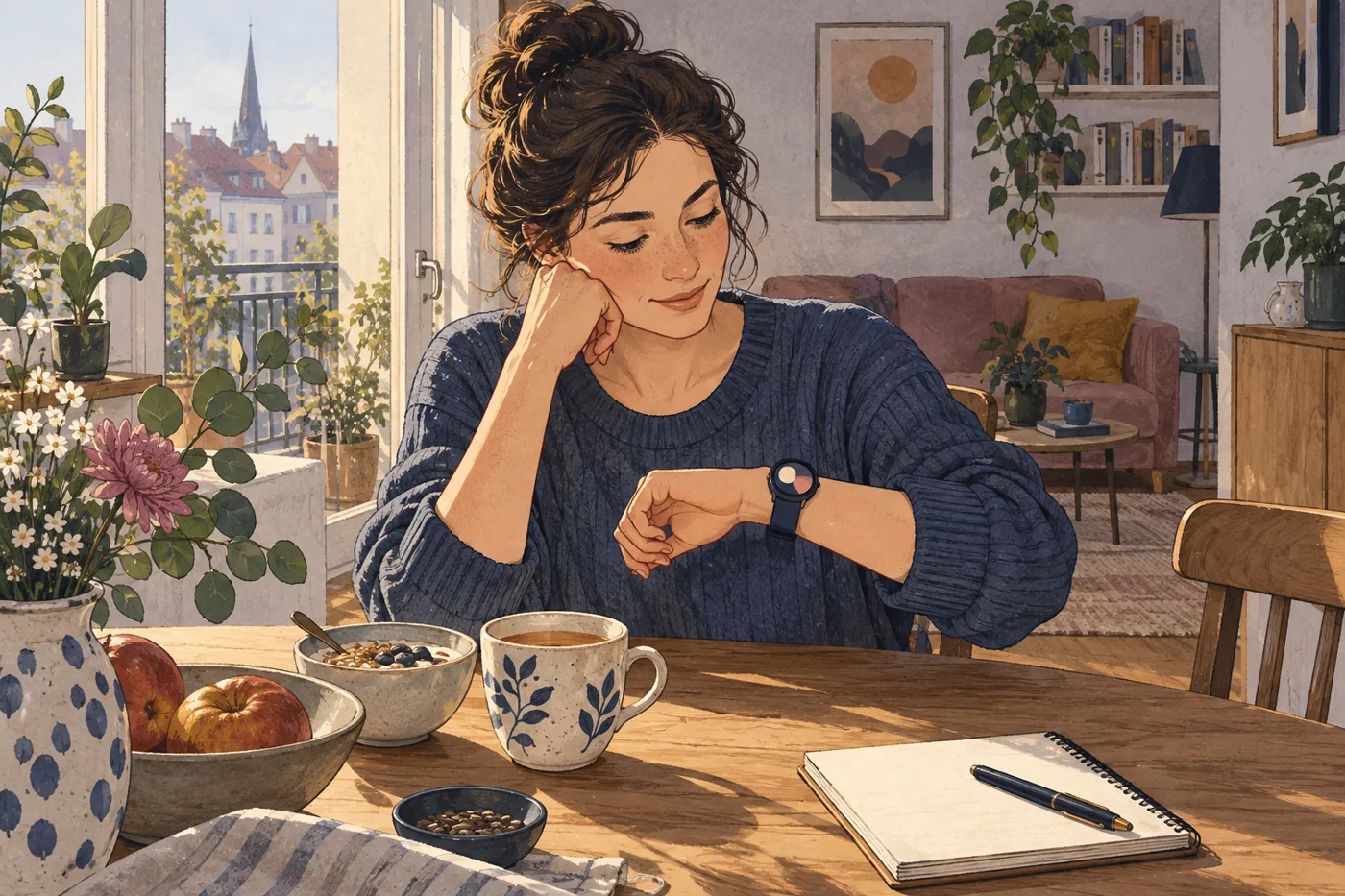 Frau betrachtet morgens ihre Smartwatch am Frühstückstisch