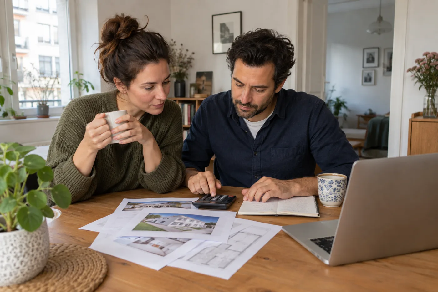 Paar berechnet an einem Esstisch mit Exposés und Taschenrechner das Budget für einen Immobilienkauf