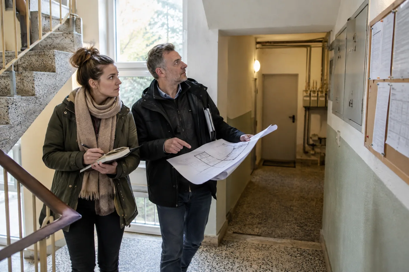 Kaufinteressentin und Sachverständiger prüfen Gemeinschaftsflächen und Pläne eines älteren Mehrfamilienhauses