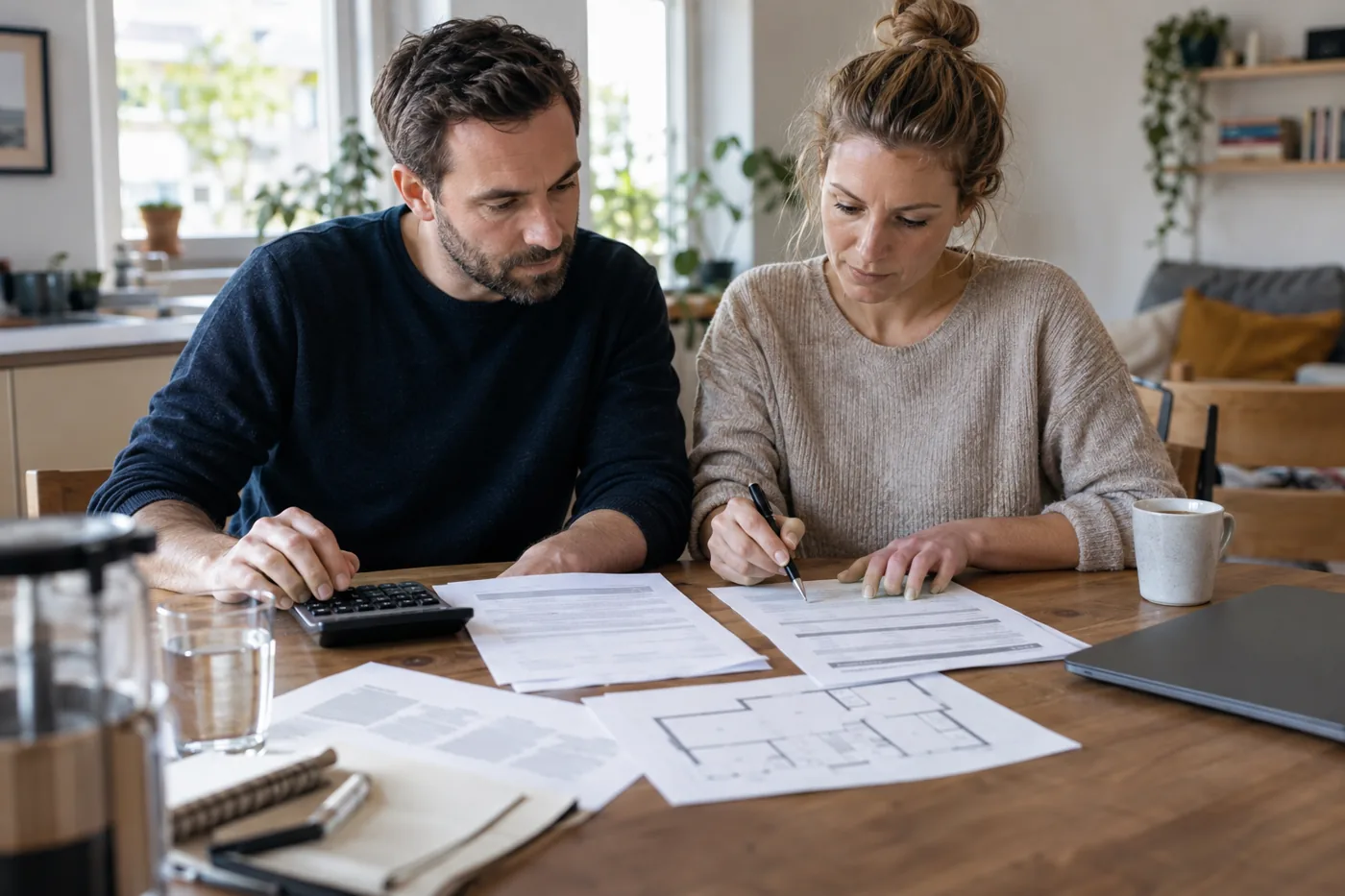 Ein Paar vergleicht am Küchentisch zwei Angebote für eine Immobilienfinanzierung