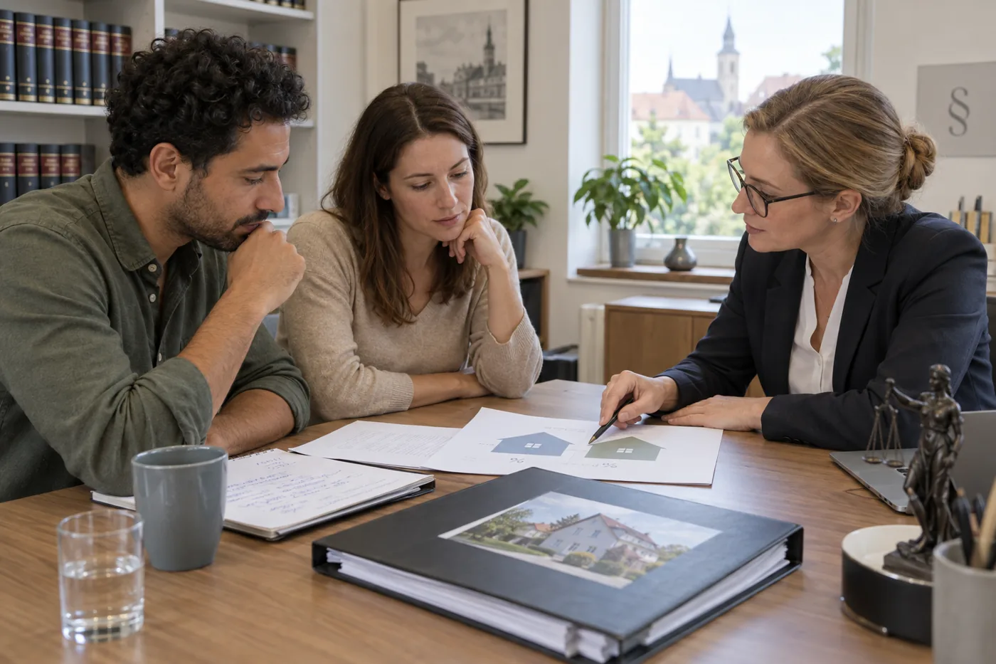 Ein Paar bespricht mit einer Notarin Eigentumsanteile und Finanzierung für den gemeinsamen Immobilienkauf