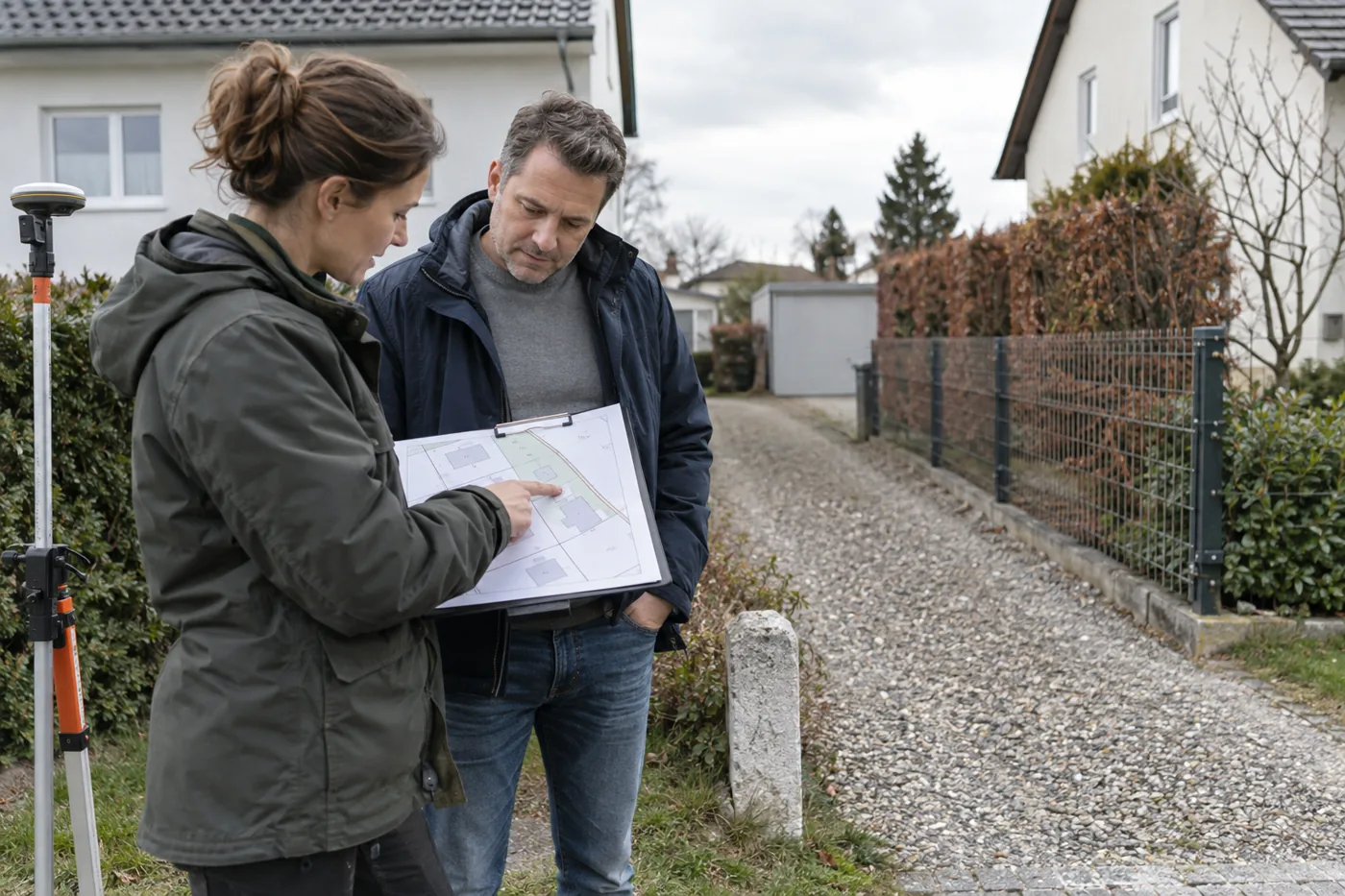 Eine Vermesserin erläutert einem Kaufinteressenten den Grenzverlauf an einer gemeinsamen Grundstückszufahrt