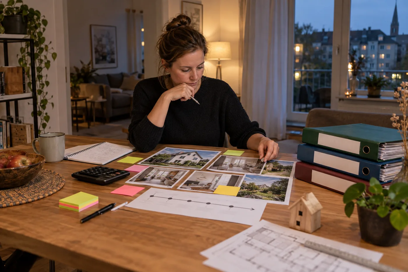 Eine Kaufinteressentin ordnet Fotos, Kostenpläne und Prüfunterlagen für ihre Immobilienentscheidung