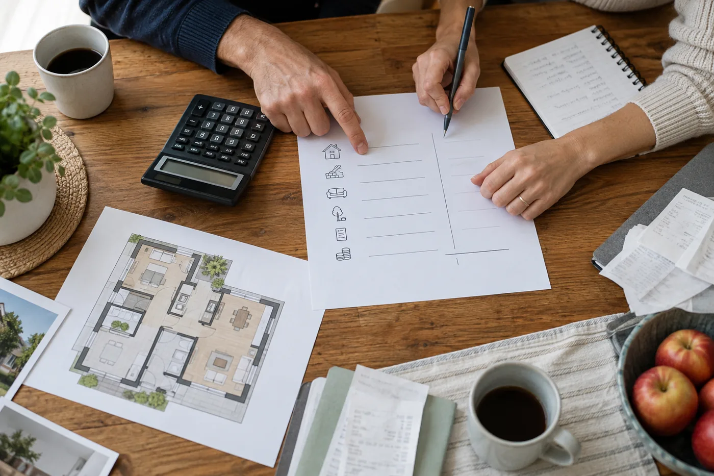 Ein Paar kalkuliert an einem Tisch die Nebenkosten eines Immobilienkaufs