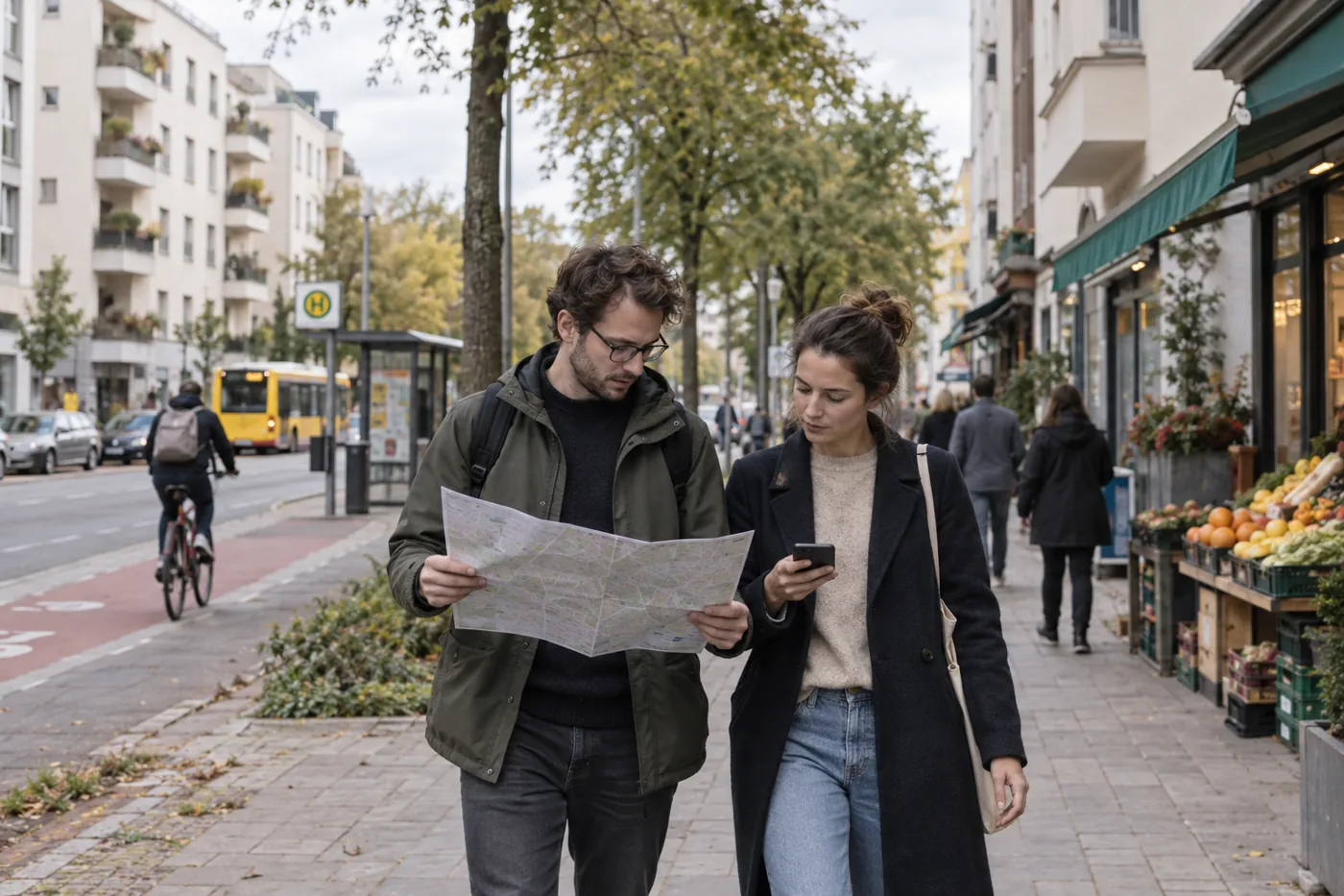 Kaufinteressenten prüfen mit Karte und Smartphone die Alltagswege in einem deutschen Wohnviertel