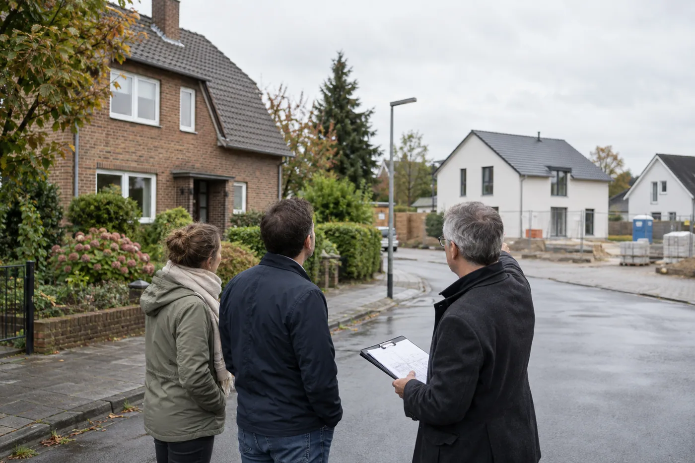 Kaufinteressenten vergleichen mit einem Sachverständigen ein älteres Haus und einen Neubau in derselben Straße