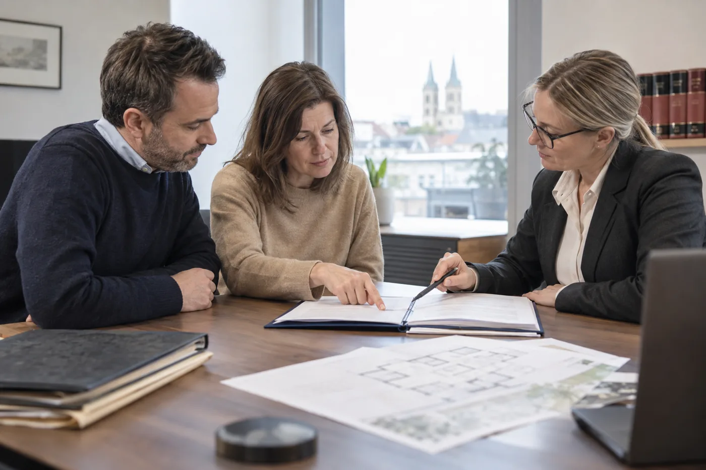 Ein Paar prüft gemeinsam mit einer Notarin den Vertragsentwurf für einen Immobilienkauf