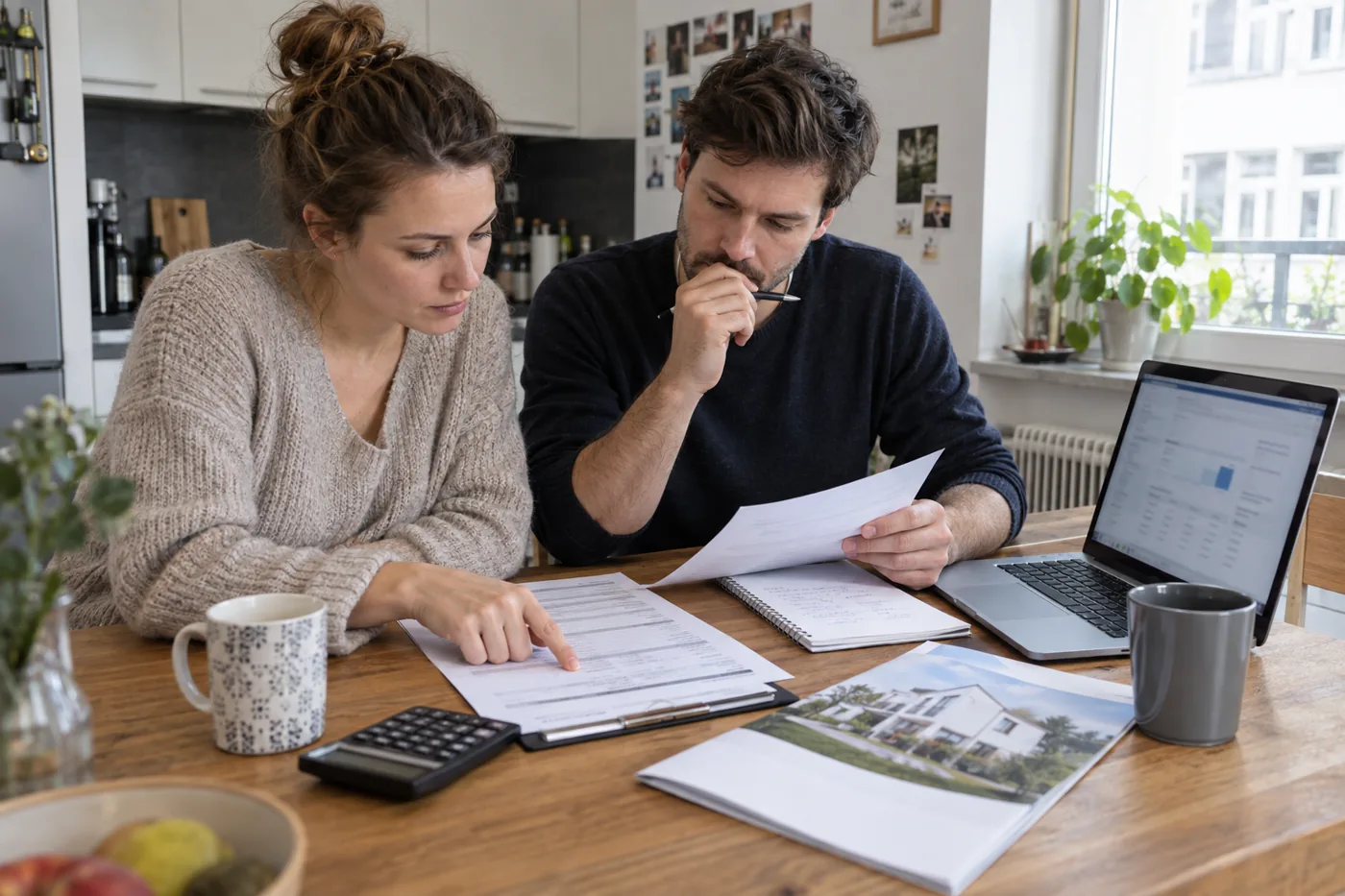 Ein Paar prüft am Küchentisch eine Reservierungsvereinbarung und Unterlagen zur Immobilienfinanzierung