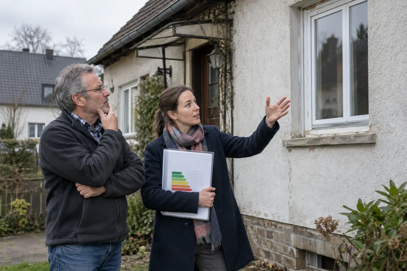 Eigentümer und Energieberater sprechen vor einem Haus über den Energieausweis