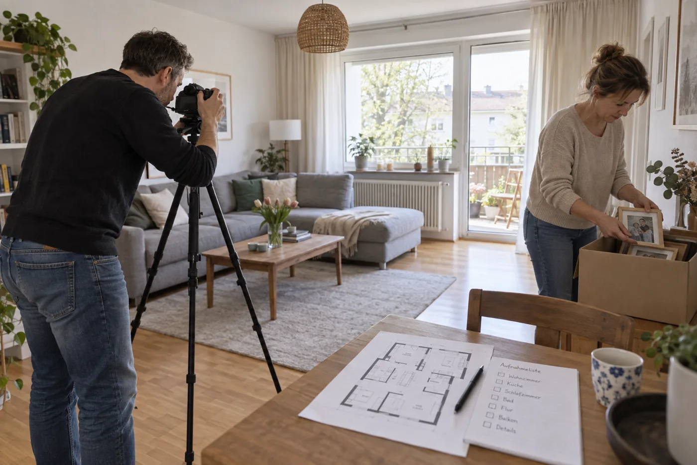 Ein Fotograf nimmt ein helles Wohnzimmer auf, während die Eigentümerin persönliche Bilder für das Exposé wegräumt