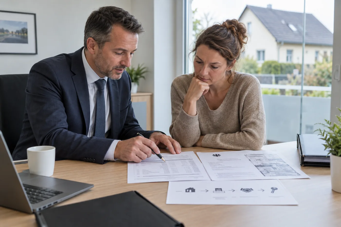 Hauseigentümerin und Bankberater prüfen die Ablösung eines Darlehens vor dem Immobilienverkauf