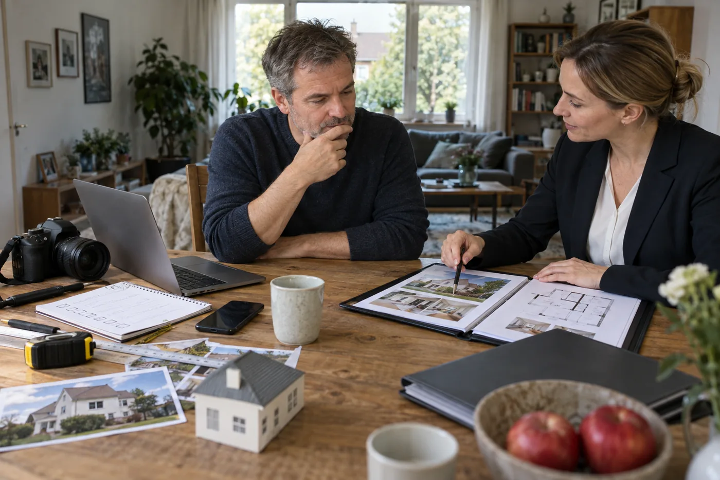 Ein Hauseigentümer vergleicht die eigene Verkaufsvorbereitung mit dem Angebot einer Immobilienmaklerin