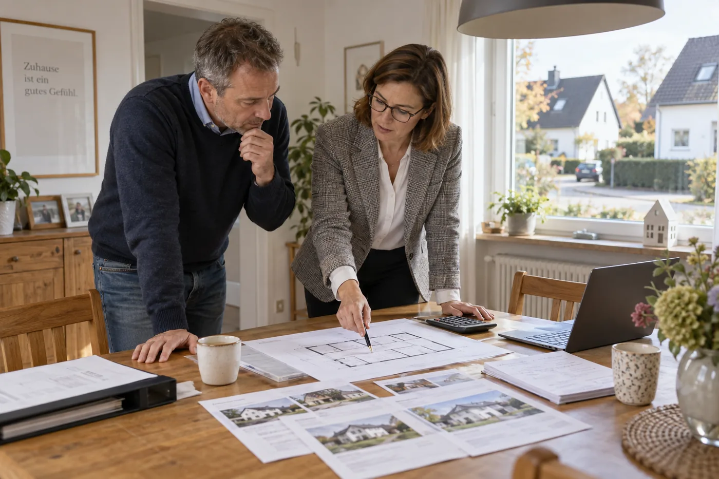 Ein Hauseigentümer und eine Immobilienbewerterin vergleichen Grundriss, Marktdaten und Zustand des Hauses