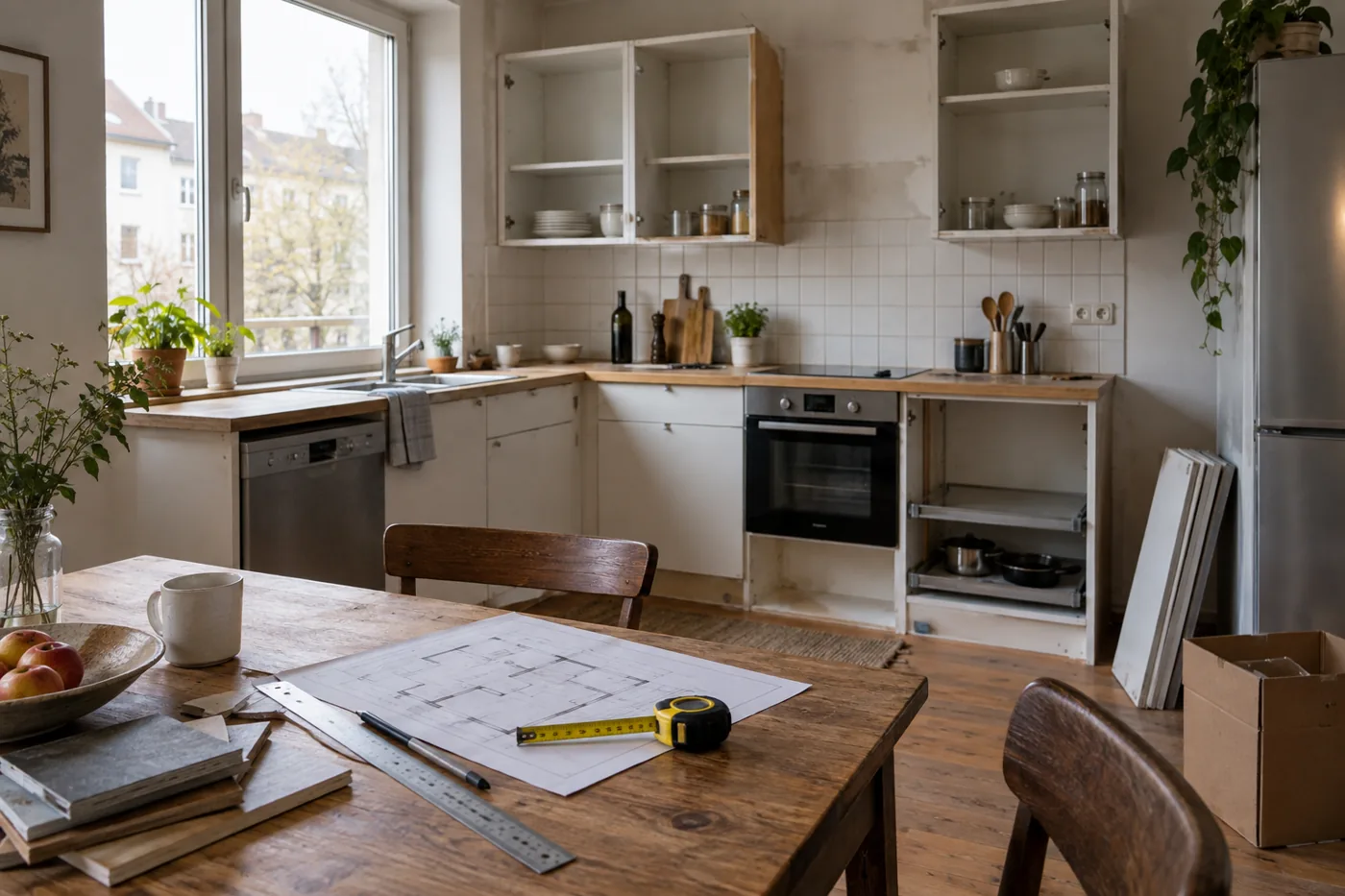 Ein Grundriss für die Küchenplanung wird am Tisch gezeichnet