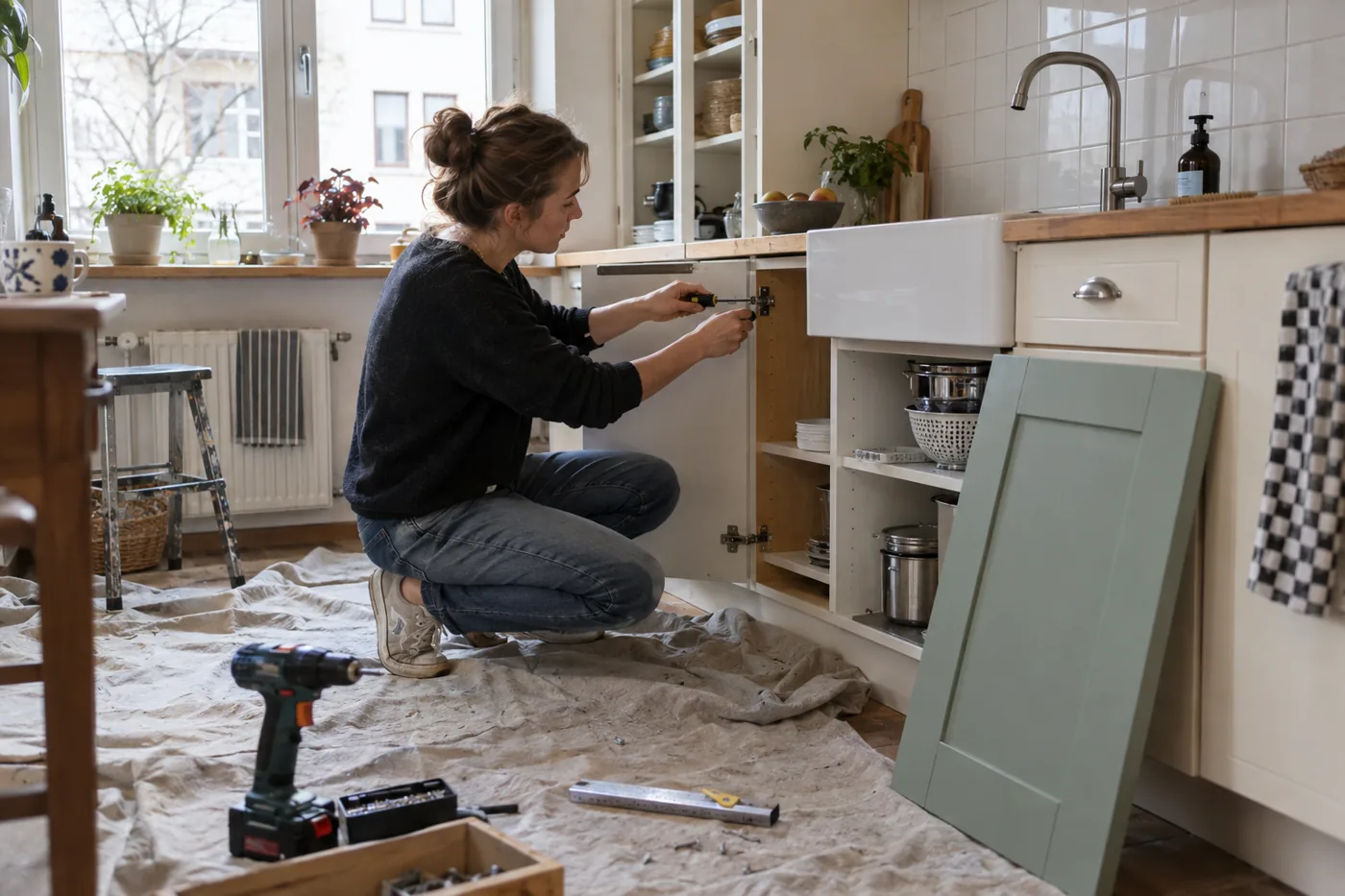 Eine Küche wird renoviert und vorhandene Elemente bleiben erhalten
