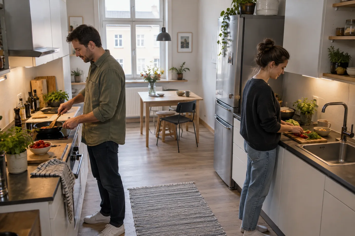 Zwei Menschen bereiten in einer Wohnungsküche an getrennten Arbeitsflächen Essen zu