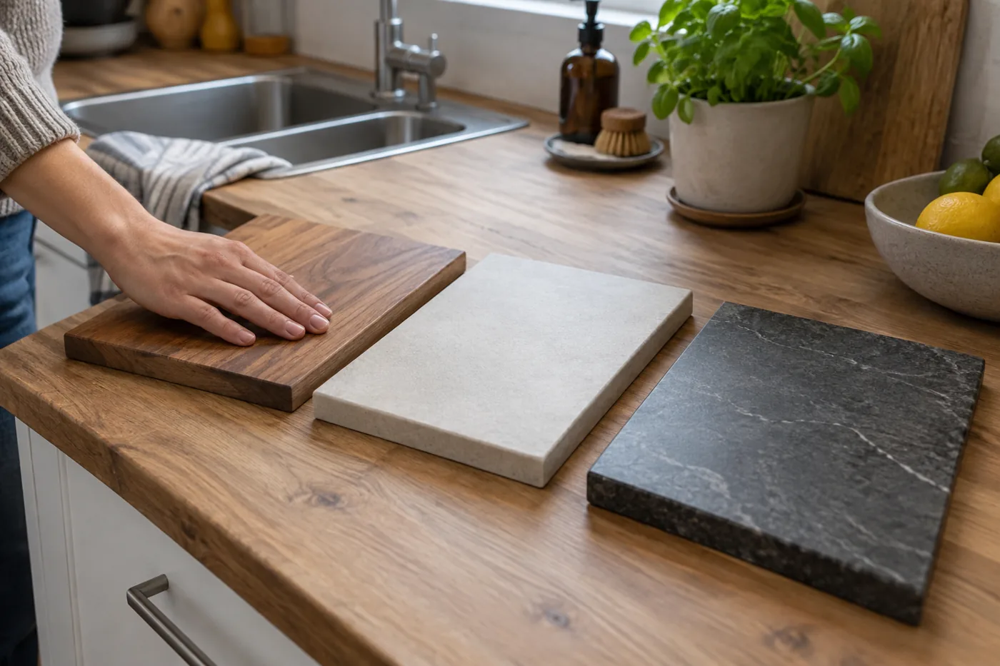 Muster aus Holz, heller beschichteter Platte und dunklem Stein auf einer Küchenarbeitsfläche