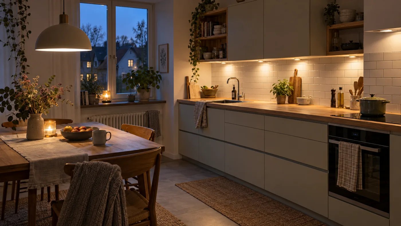 Abendliche Küche mit Licht unter den Hängeschränken und Pendelleuchte über dem Esstisch