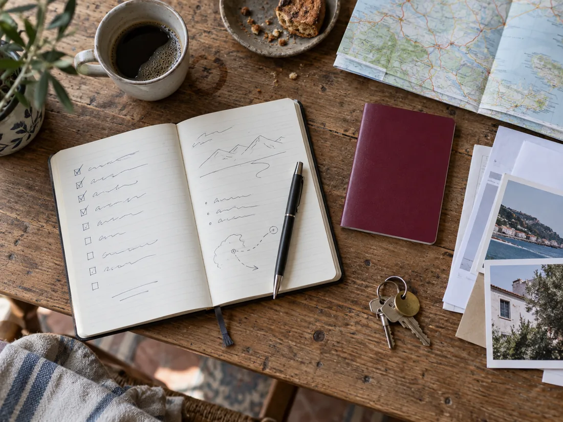 Planungsbuch mit Checkliste, Karte und Kaffee