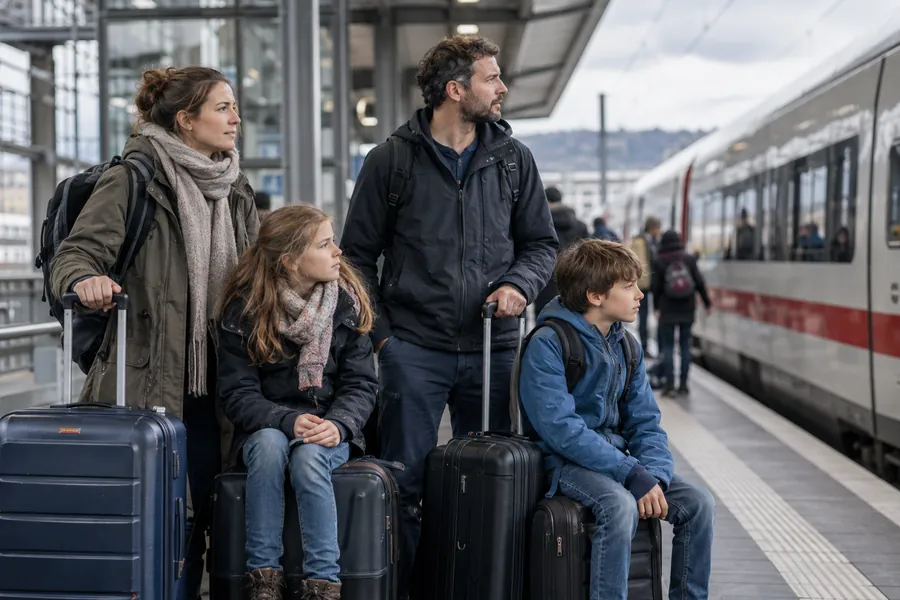 Familie kommt mit Gepäck in einer neuen Stadt an