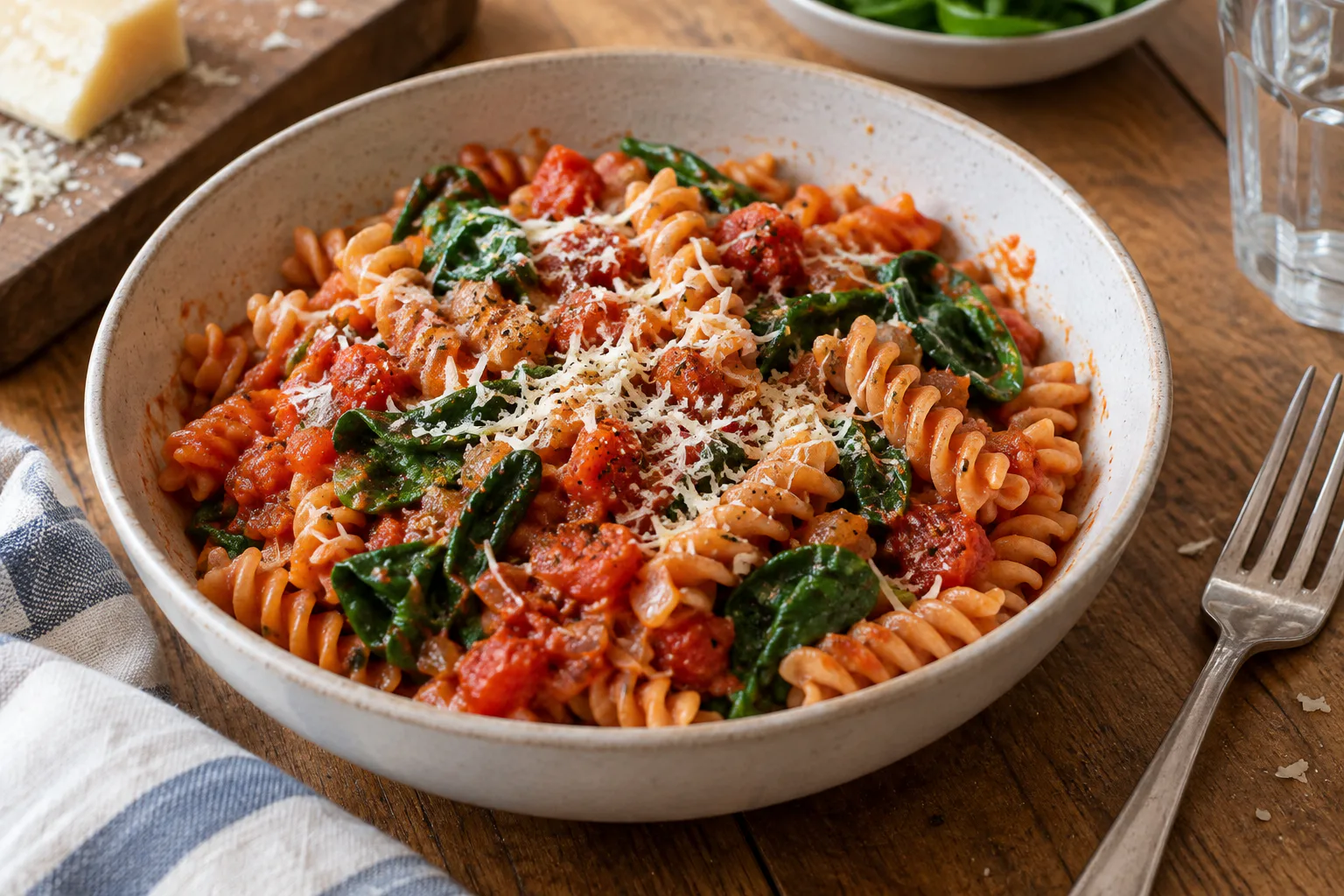Linsenpasta mit Tomatensauce und Spinat