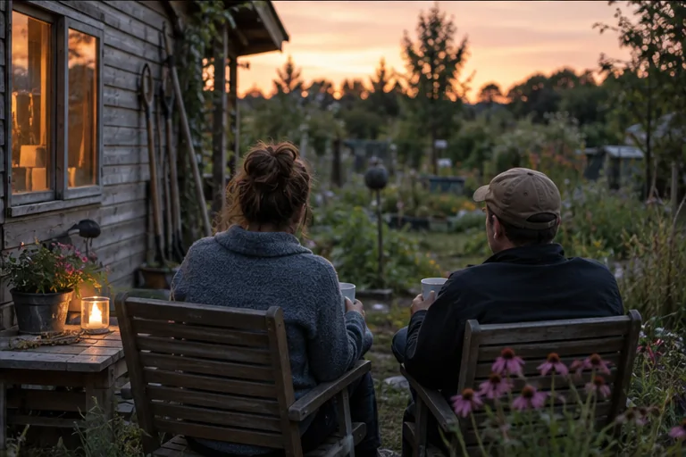 Zwei Menschen sitzen am Abend mit Tassen vor einer einfachen Gartenlaube