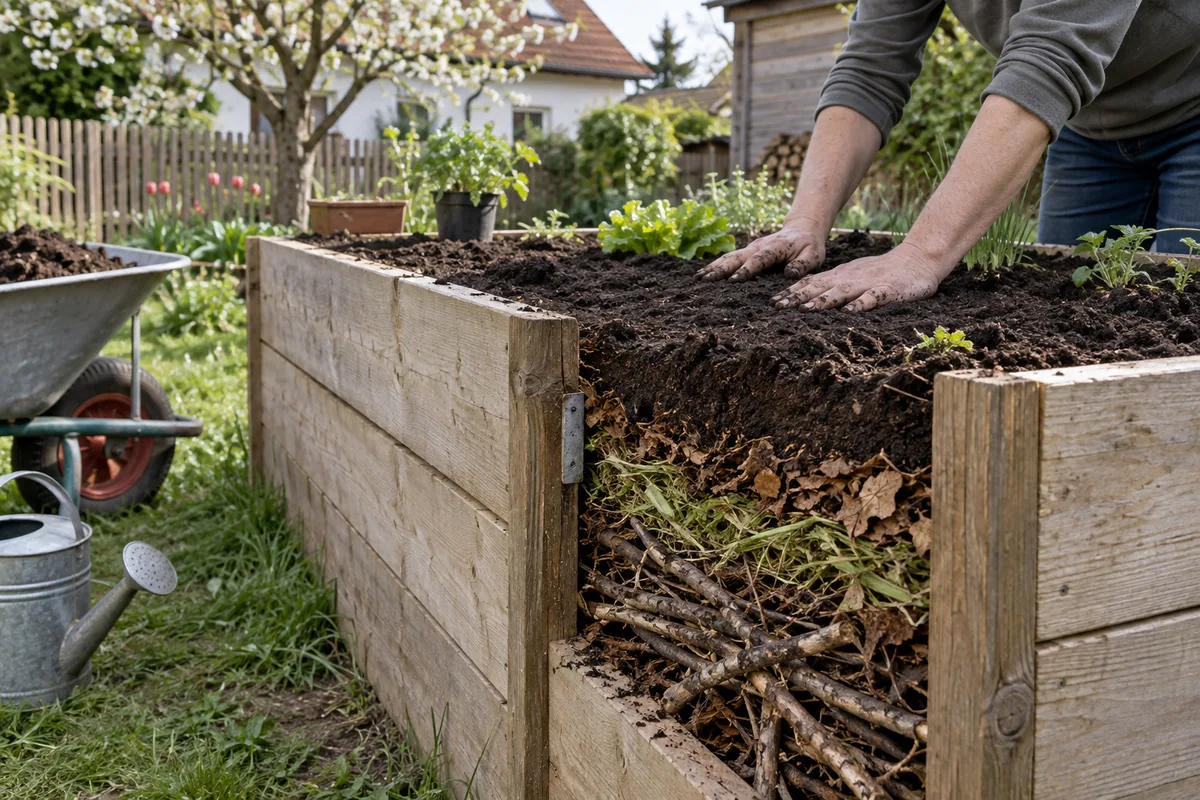 Hochbeet mit sichtbaren Schichten aus Zweigen, Laub, Kompost und Erde beim Befüllen