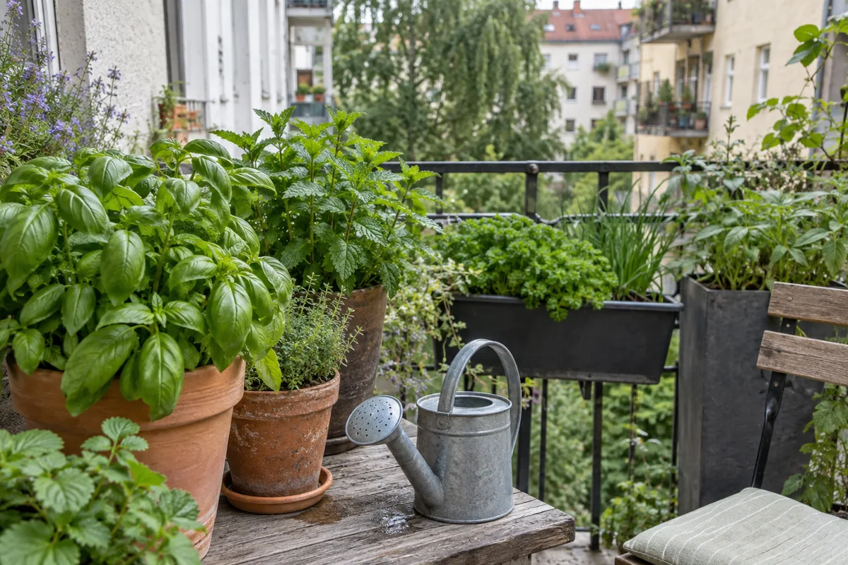 Basilikum, Minze und weitere Kräuter in getrennten Töpfen auf einem Stadtbalkon