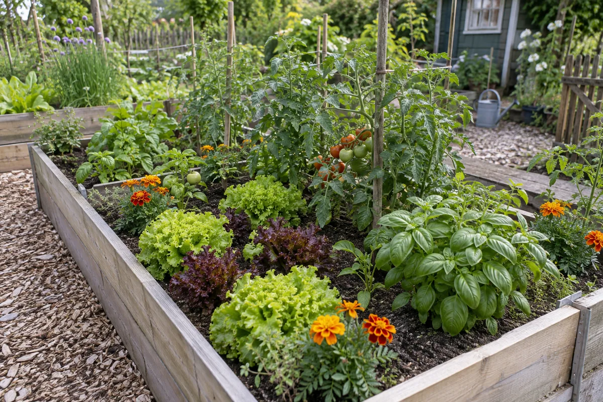 Mischkulturbeet mit Tomaten, Salat, Basilikum und Ringelblumen in einem deutschen Kleingarten