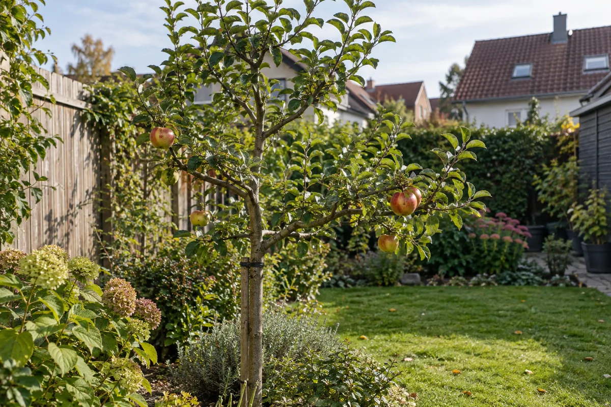 Kleiner Apfelbaum mit Früchten in einem begrenzten Hausgarten