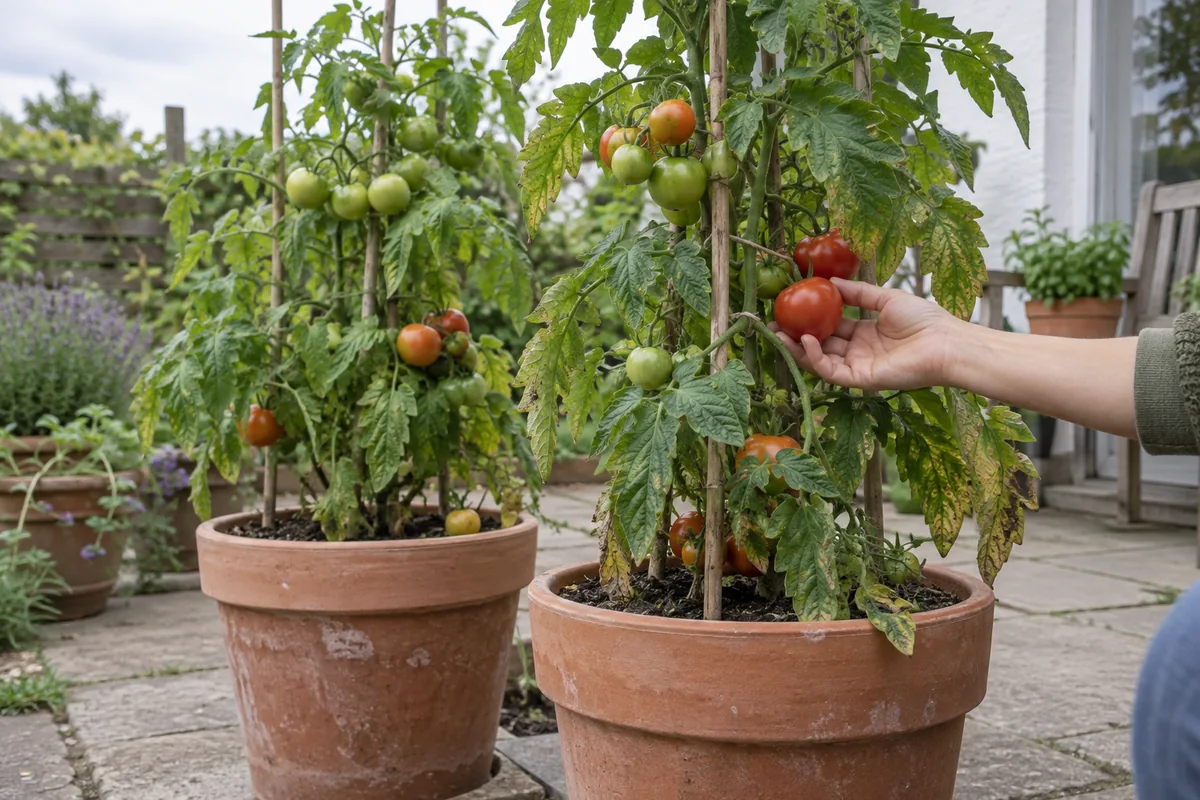 Tomatenpflanzen mit grünen und roten Früchten in großen Töpfen auf einer Terrasse