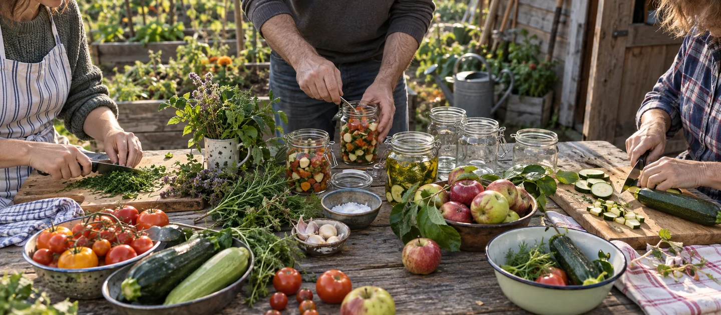 Drei Menschen verarbeiten Tomaten, Zucchini, Kräuter und Äpfel an einem Gartentisch