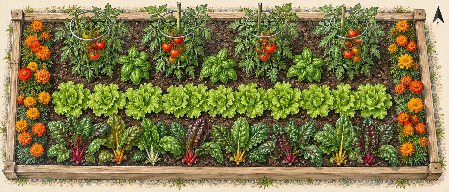 Vollständige Draufsicht auf ein Mischkulturbeet mit Tomaten, Basilikum, Salat, Ringelblumen und Mangold