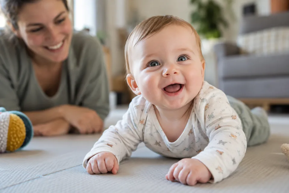 Ein waches Baby auf einer Spielmatte