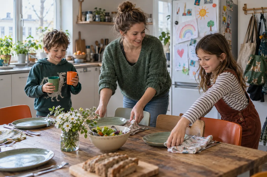 Zwei Kinder helfen ihrer Mutter beim Tischdecken in der Küche