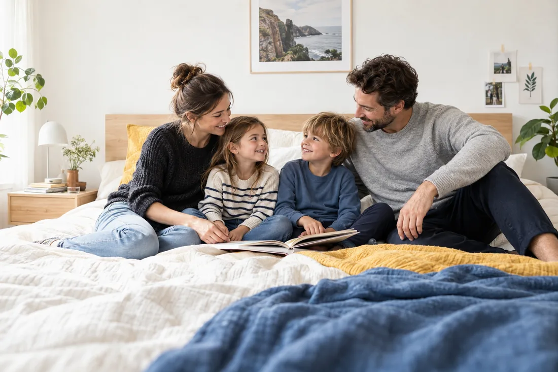 Eltern lesen mit zwei älteren Kindern auf einem hellen Familienbett ein Bilderbuch